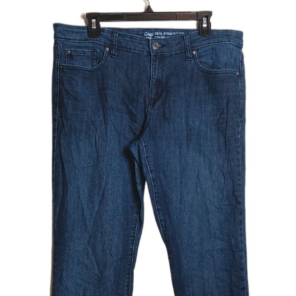 GAP Real Straight Fit Jeans Womens 14/32 Dark Wash Mid Rise Stretch Denim - Picture 2 of 4
